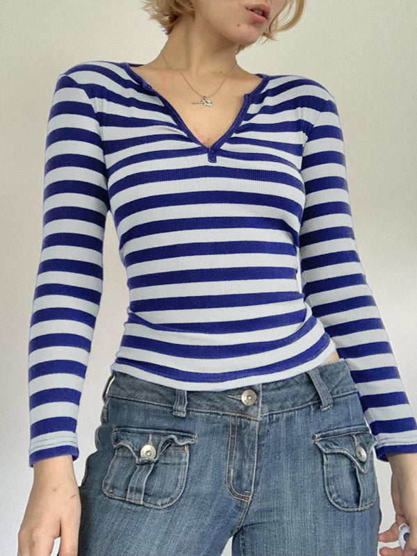 Striped V Neck Long Sleeve Tee