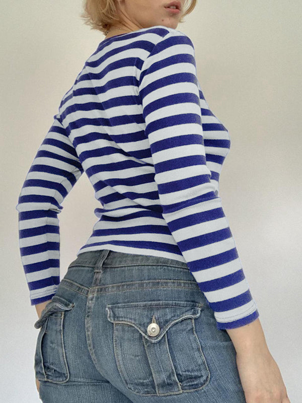 Striped V Neck Long Sleeve Tee