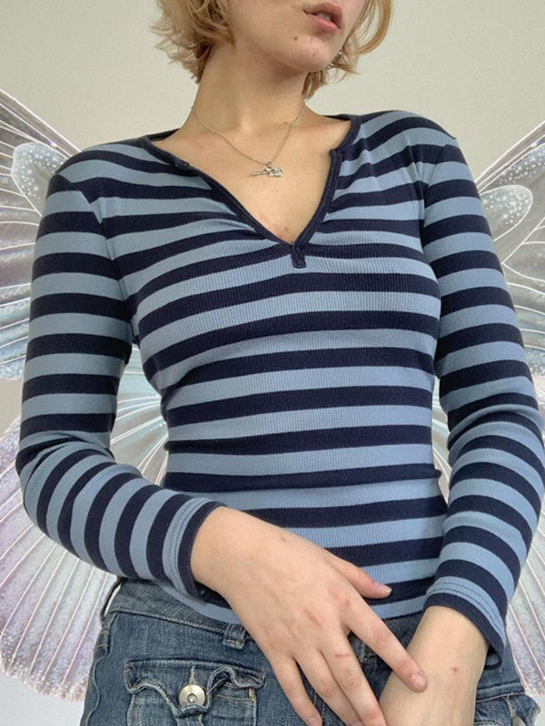Striped V Neck Long Sleeve Tee