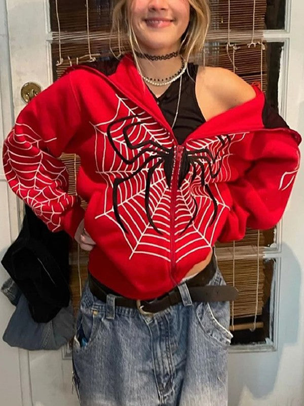 Spider Print Zip Up Hoodie