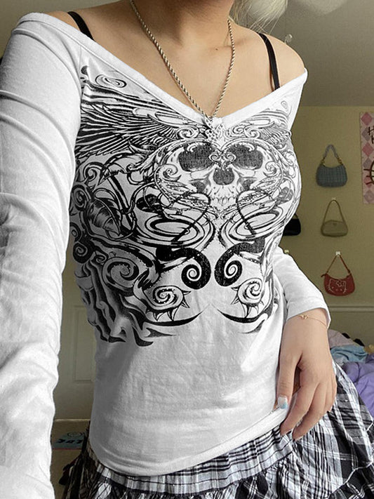 Rhinestone Detail Printed White Long Sleeve Top