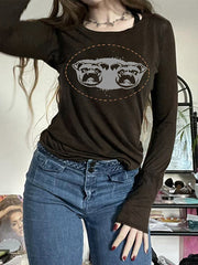 Animal Print Brown Long Sleeve Crop Top