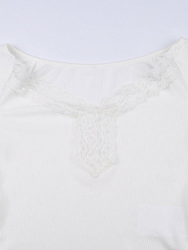 White Lace Trim Ribbed Long Sleeve Crop Top