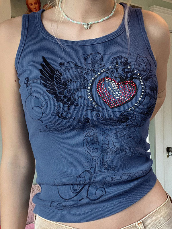 Heart Rhinestone Rib Crop Tank Top
