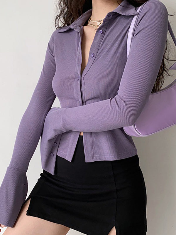 Polo Neck Long Sleeve Rib Blouse