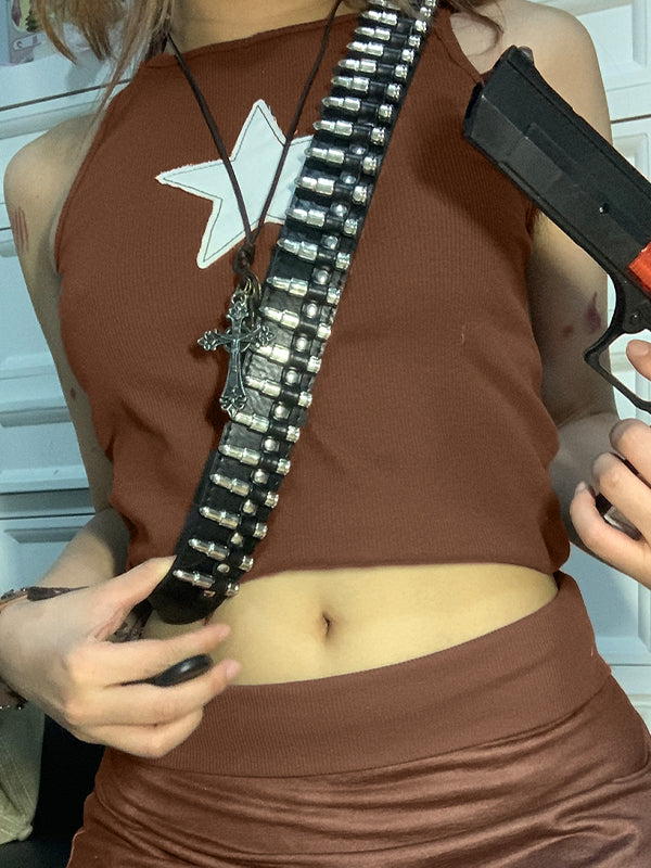 Star Embroidered Rib Cropped Tank Top