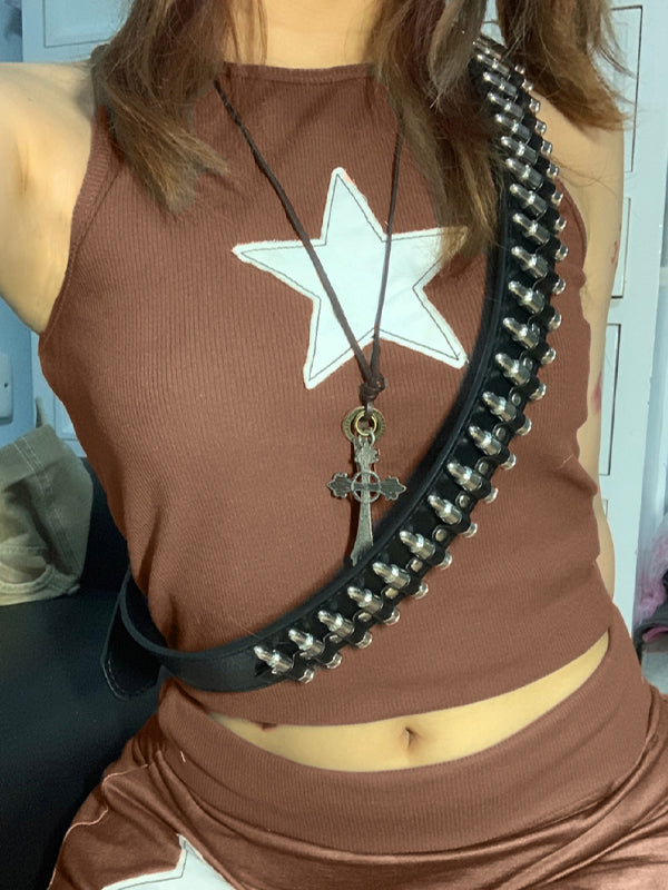 Star Embroidered Rib Cropped Tank Top