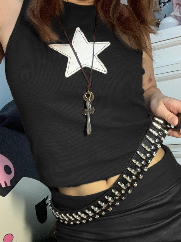 Star Embroidered Rib Cropped Tank Top