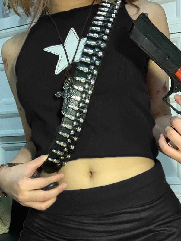 Star Embroidered Rib Cropped Tank Top