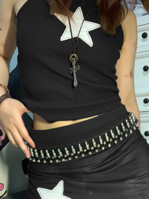 Star Embroidered Rib Cropped Tank Top