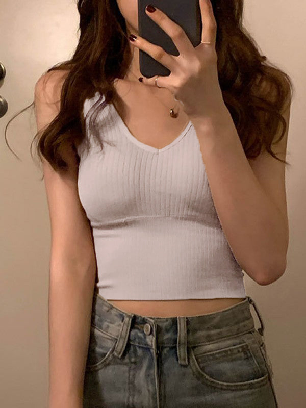 Rib V Neck Cropped Tank Top