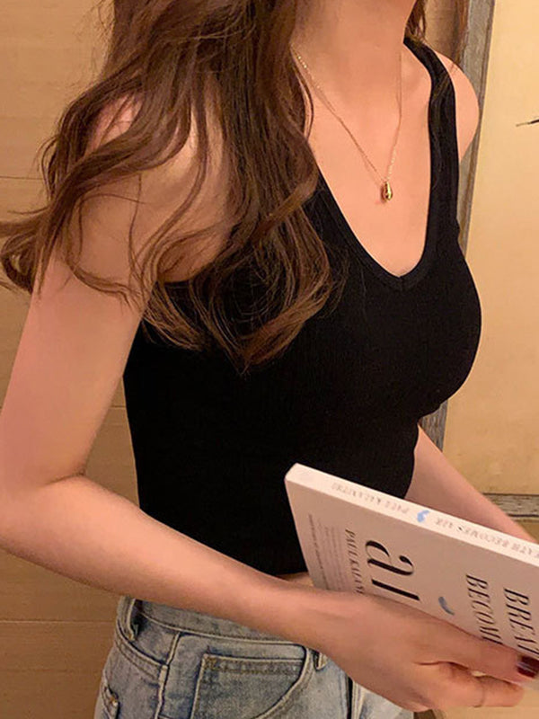 Rib V Neck Cropped Tank Top