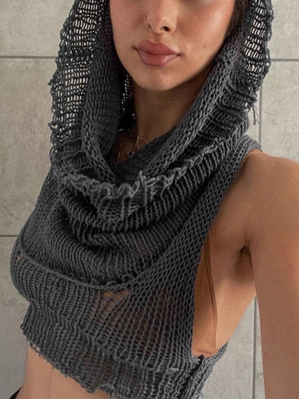 Hooded Crochet Knit Cropped Tank Top
