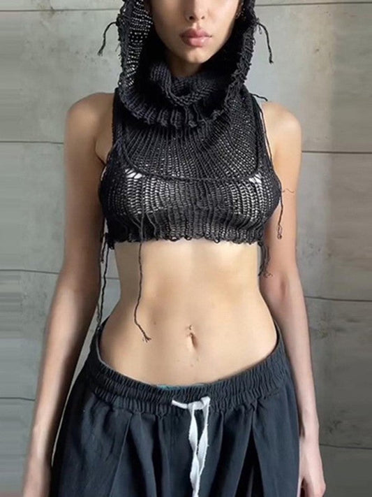 Hooded Crochet Knit Cropped Tank Top