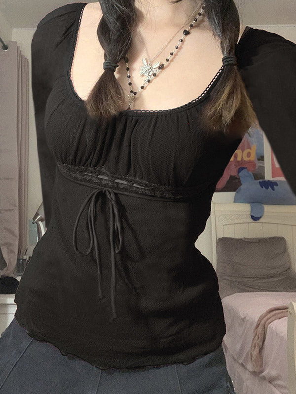 Lace Trim Tie Front Long Sleeve Blouse
