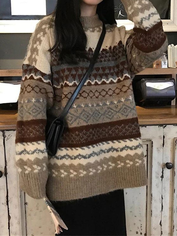 Mixed Jacquard Vintage Pullover Sweater