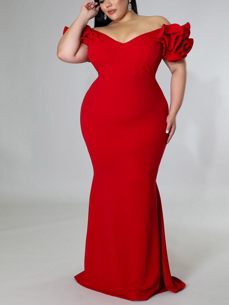 Ruffle Solid Evening Dress