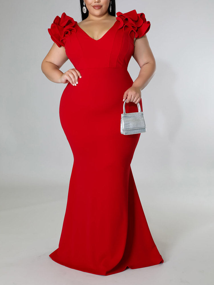 Ruffle Solid Evening Dress
