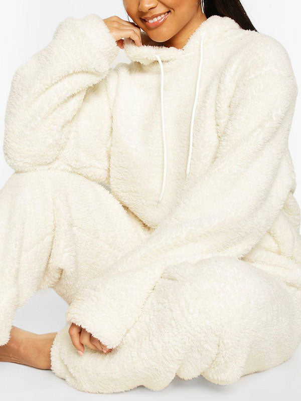 Soild Plush Pocket Hooded With Pants Lounge Set