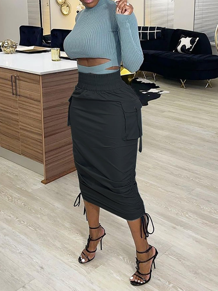 Pocket Design Ruched Maxi Skirt