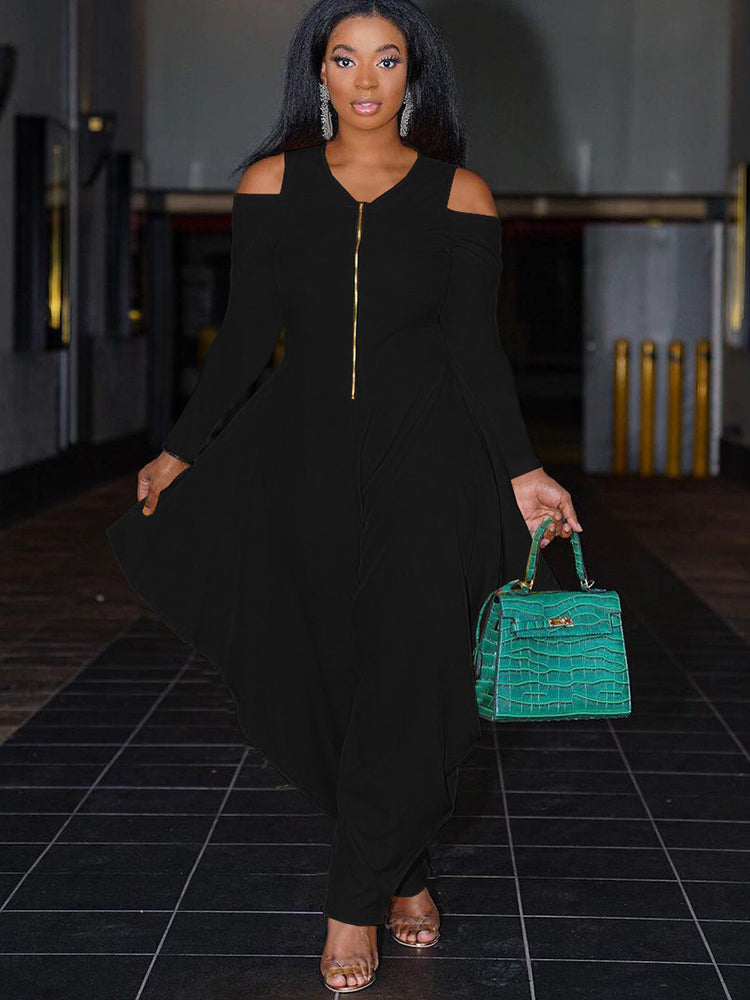 Cold Shoulder Front Zipper Jumpsuit