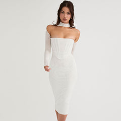 Cut Out Long Sleeve Mesh Bodycon Cocktail Midi Dress - White