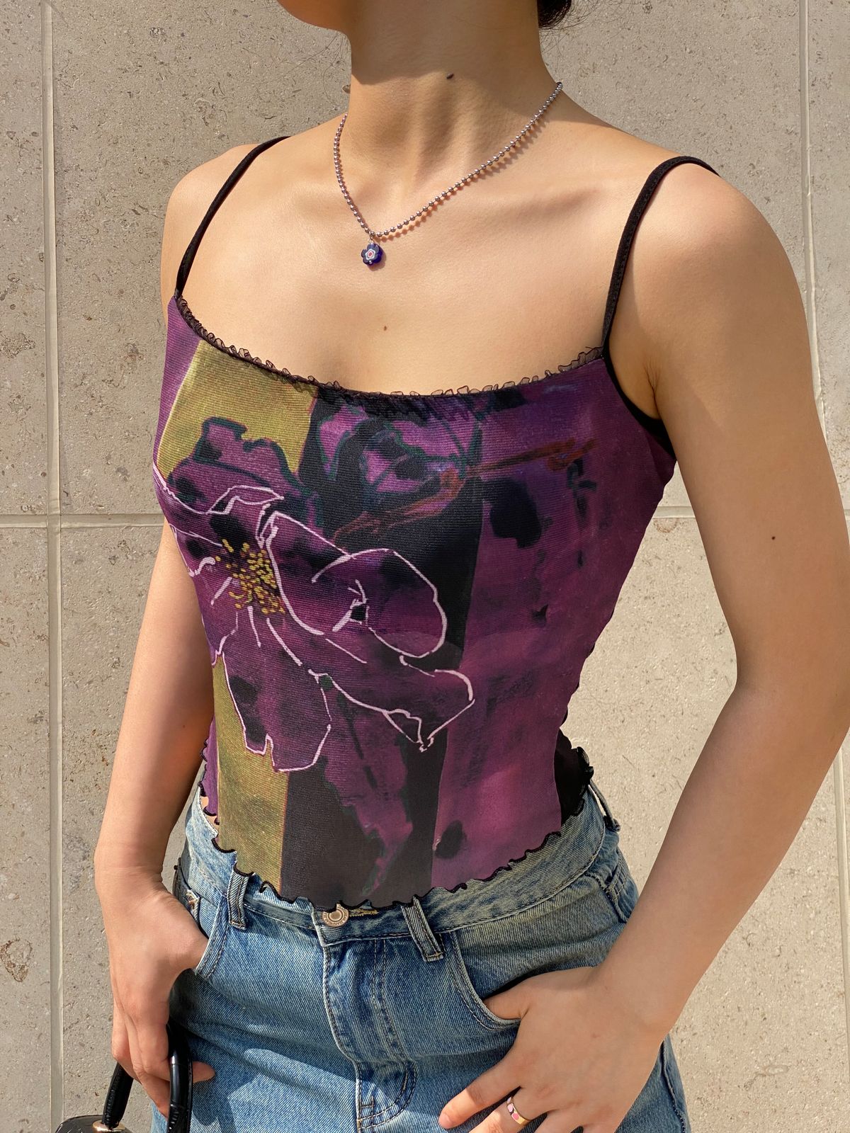 Mesh Floral Print Crop Cami Top