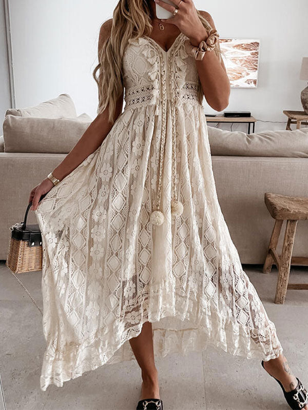 V Neck Broderie Lace Slip Maxi Dress