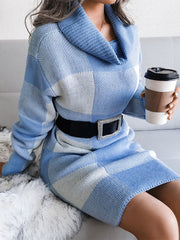 Turtleneck Long Sleeve Checkered Knit Midi Dress