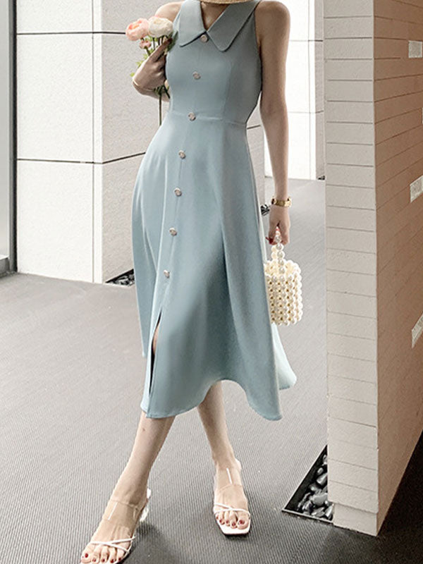 Sleeveless Polo Neck Buttoned Maxi Dress