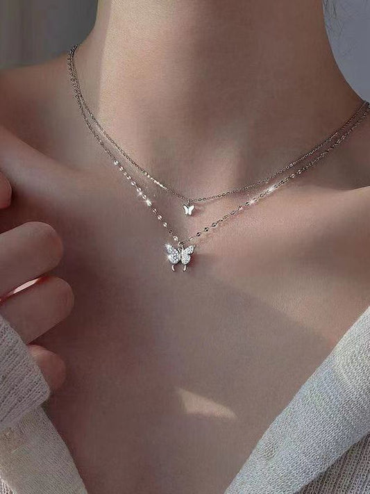 Rhinestone Butterfly Pendant Double Layered Necklace