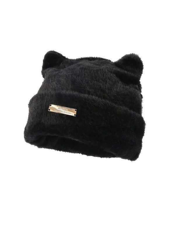 Metal Label Fuzzy Cat Beanie Hat