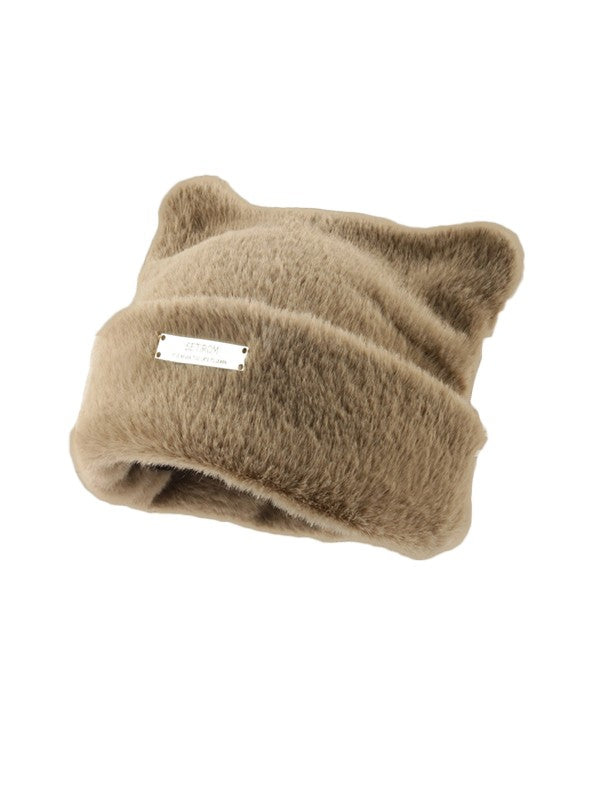 Metal Label Fuzzy Cat Beanie Hat