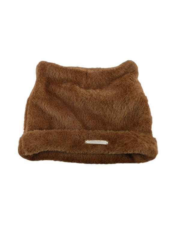 Metal Label Fuzzy Cat Beanie Hat