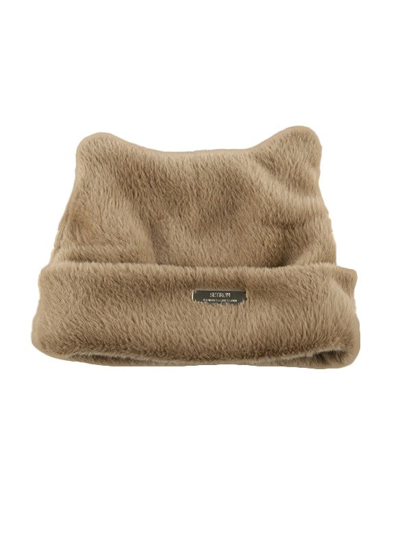 Metal Label Fuzzy Cat Beanie Hat