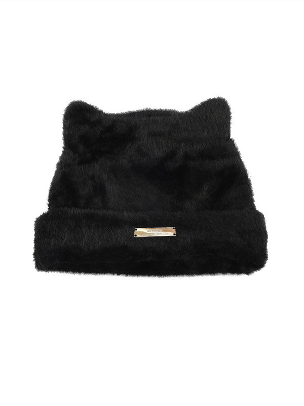 Metal Label Fuzzy Cat Beanie Hat