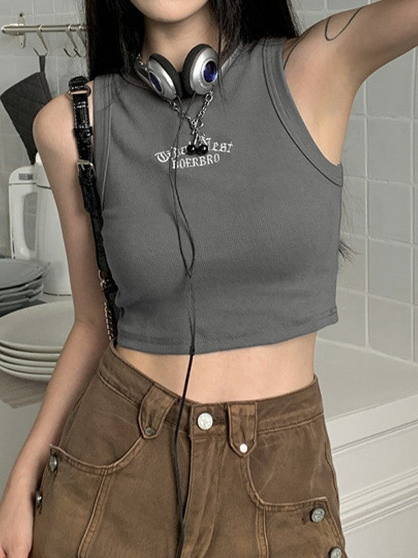 Letter Embroidery Ribbed Cropped Tank Top