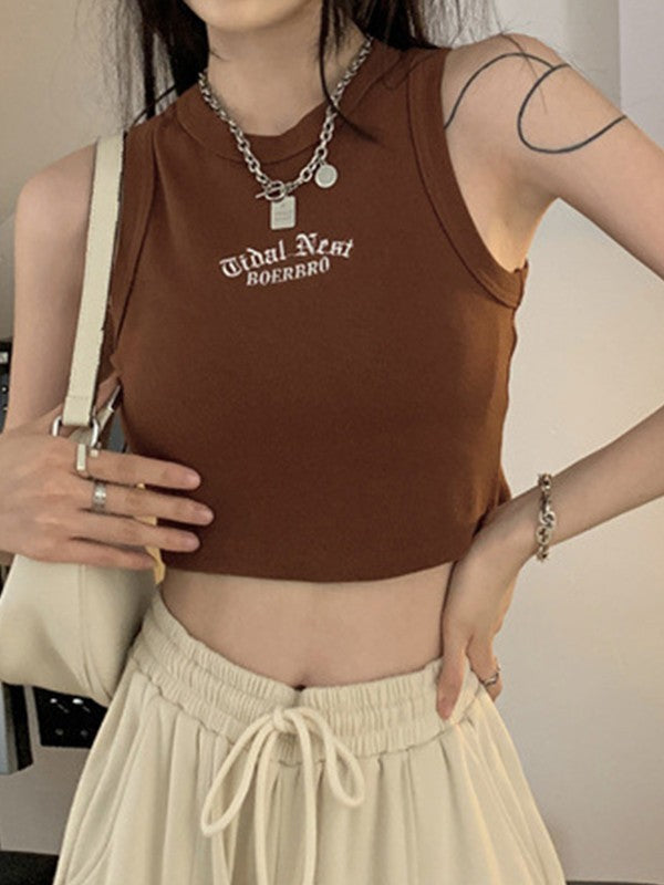 Letter Embroidery Ribbed Cropped Tank Top