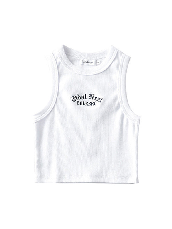Letter Embroidery Ribbed Cropped Tank Top