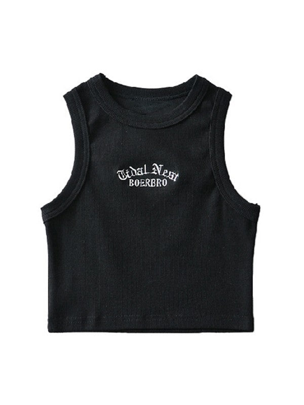 Letter Embroidery Ribbed Cropped Tank Top
