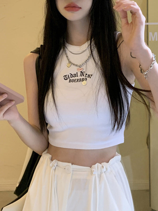 Letter Embroidery Ribbed Cropped Tank Top