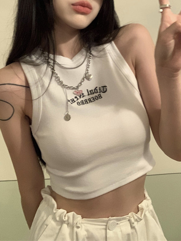 Letter Embroidery Ribbed Cropped Tank Top