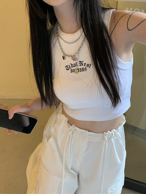 Letter Embroidery Ribbed Cropped Tank Top