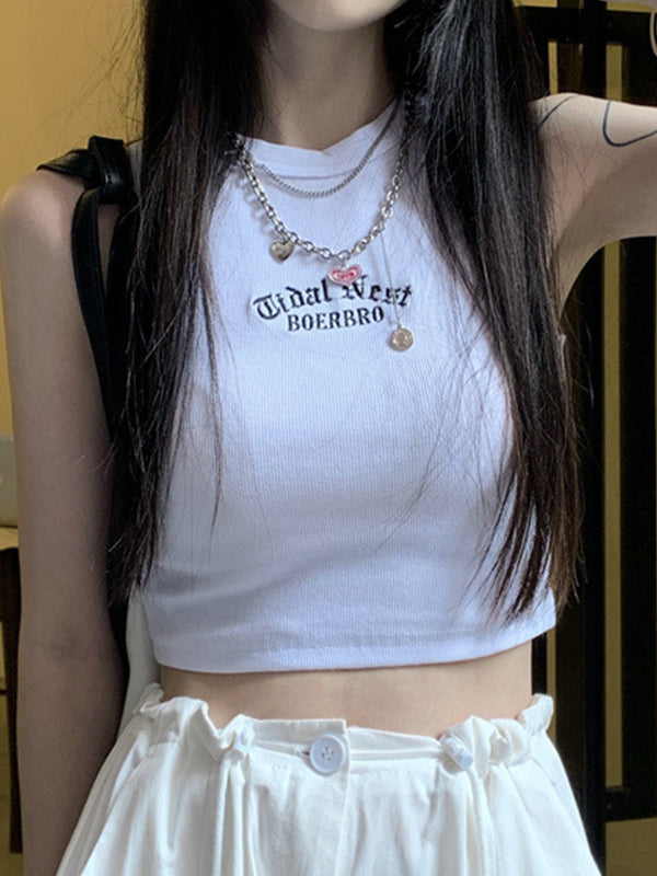 Letter Embroidery Ribbed Cropped Tank Top