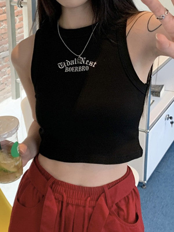 Letter Embroidery Ribbed Cropped Tank Top