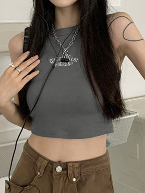 Letter Embroidery Ribbed Cropped Tank Top