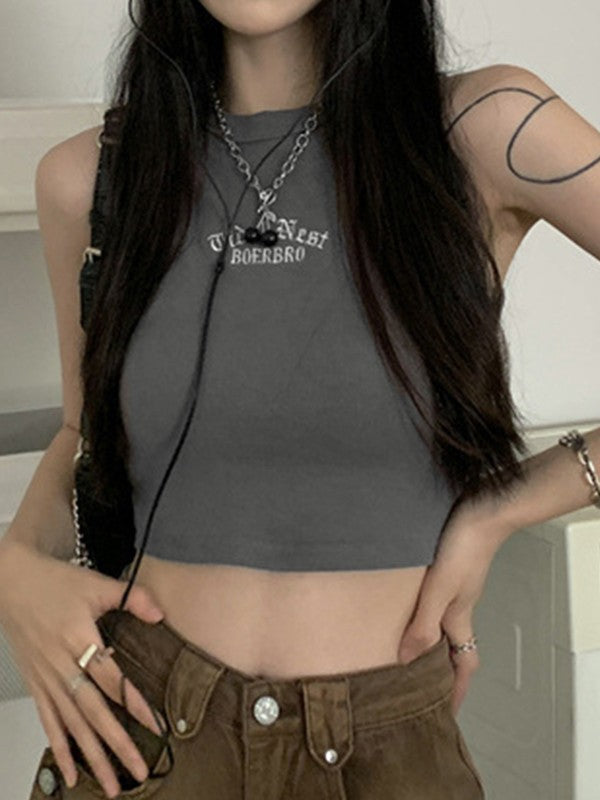Letter Embroidery Ribbed Cropped Tank Top