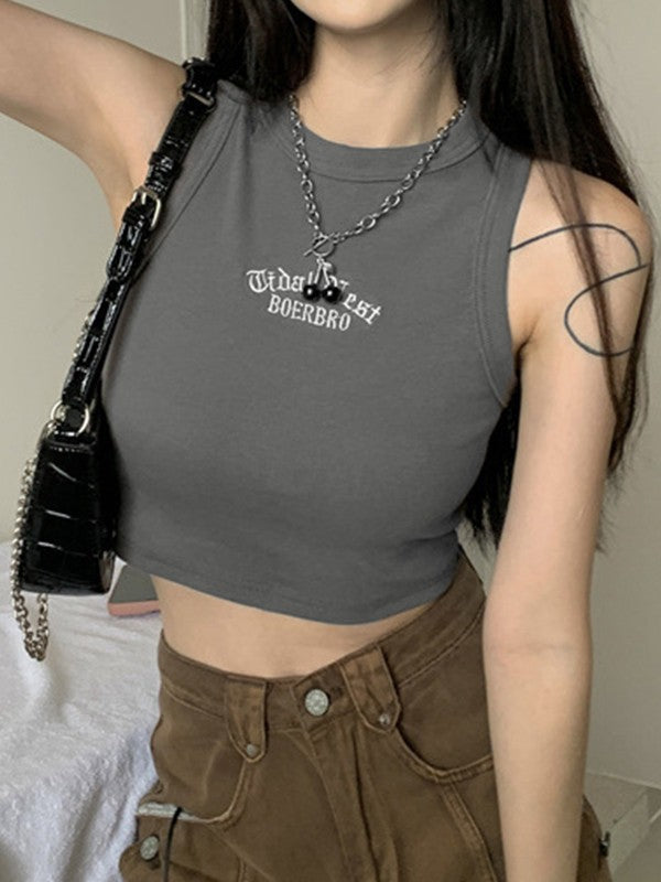 Letter Embroidery Ribbed Cropped Tank Top