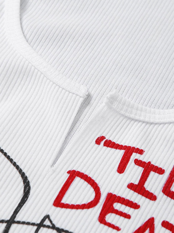 Skull Ribbed Cropped Tank Top