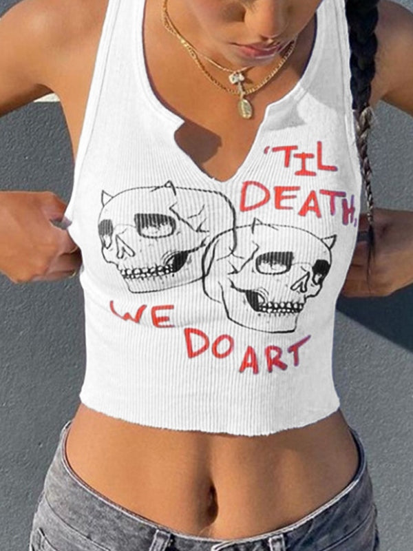 Skull Ribbed Cropped Tank Top